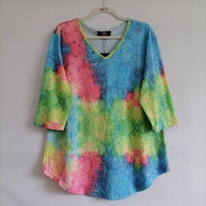 NWT Lucky & Blessed Women's Multicolor V Neck Tie Dye Blouse Top Size Large